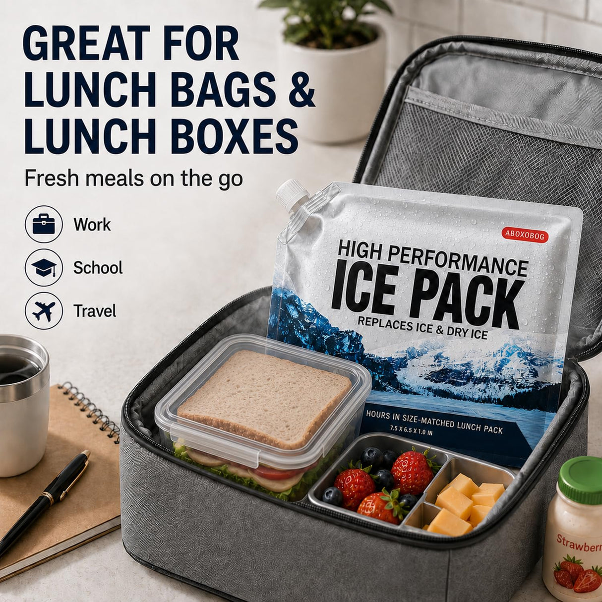 ABOXOBOG Reusable Ice Packs for Lunch Box Long Lasting Slim Gel Freezer Packs for Cooler Bag Cooler Backpack, Keeps Food Cold Fresh for Work & School & Travel(6.5"x7.5"x4P)