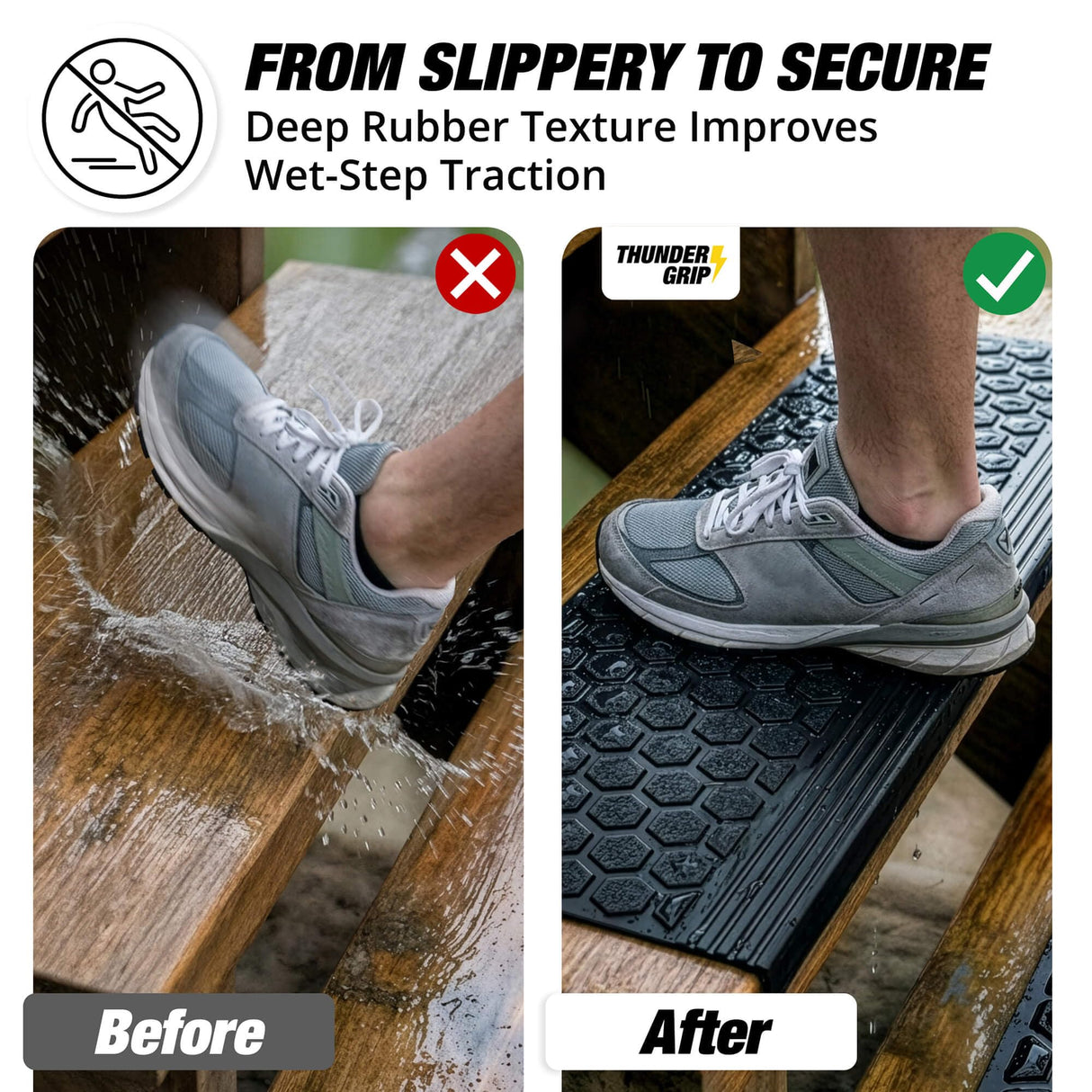 Rubber Stair Treads Outdoor 35"x10" 5-Pack - Heavy-Duty Outdoor Stair Treads Non-Slip Weather Resistant - Exterior Rubber Mats for Wooden Steps - Anti Slip Step Covers by Thunder Grip