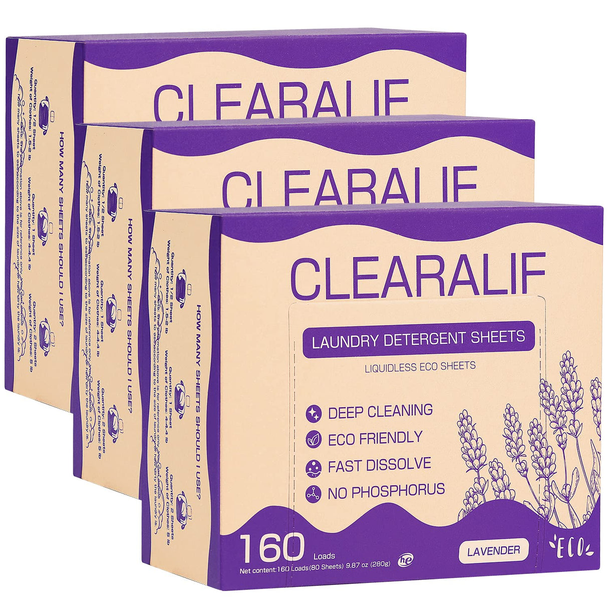 CLEARALIF Laundry Detergent Sheets, Lavender,Up to 480 Loads - Great For Travel,Apartments, Dorms,Laundry Detergent Strips Eco Friendly & Hypoallergenic (Pack of 3)