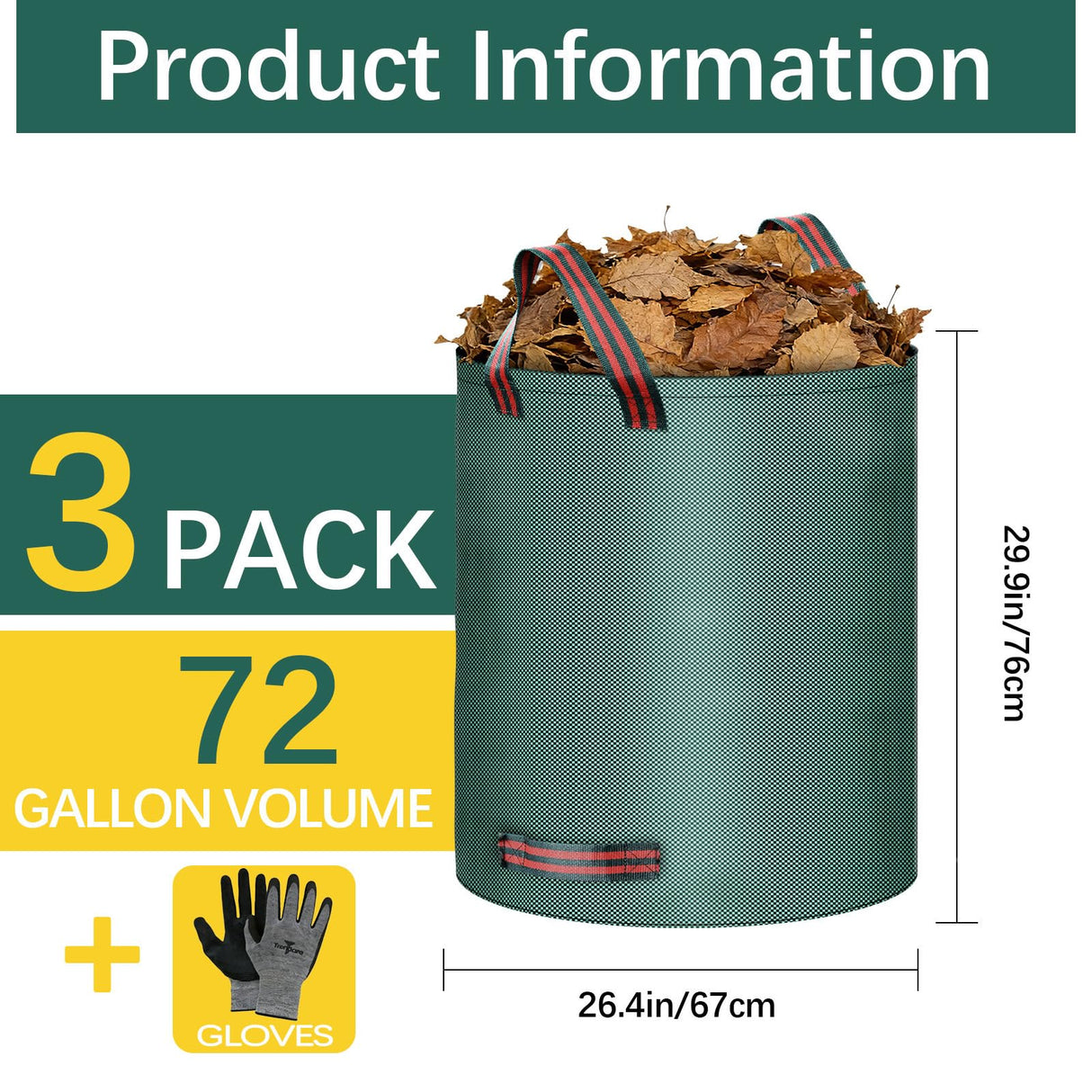3 Pack 72 Gallon leaf collector bag lawn bags,leaf bags Heavy duty reusable,Gardening gloves included,Suitable for camping, yards, and recycling; can Cleaning debris, leaves, grass clippings