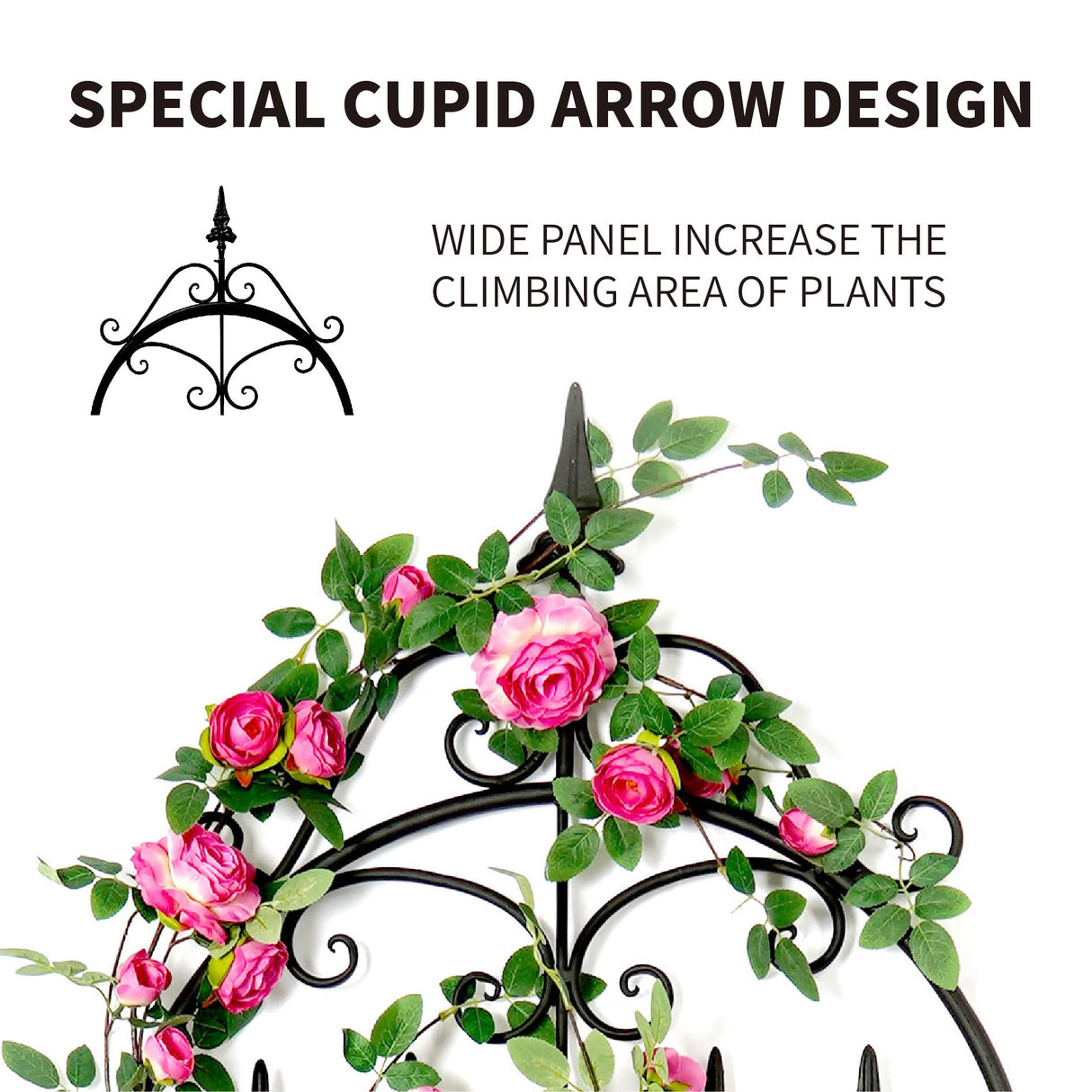 SCENDOR Garden Trellis for Climbing Plants, 60" H x 21.7" W Heavy Duty Metal Trellis, 5FT Rustproof Black Iron Vine Support Trellis with Ground Stakes, Decorative Cupid Arrow Design for Roses, Vines