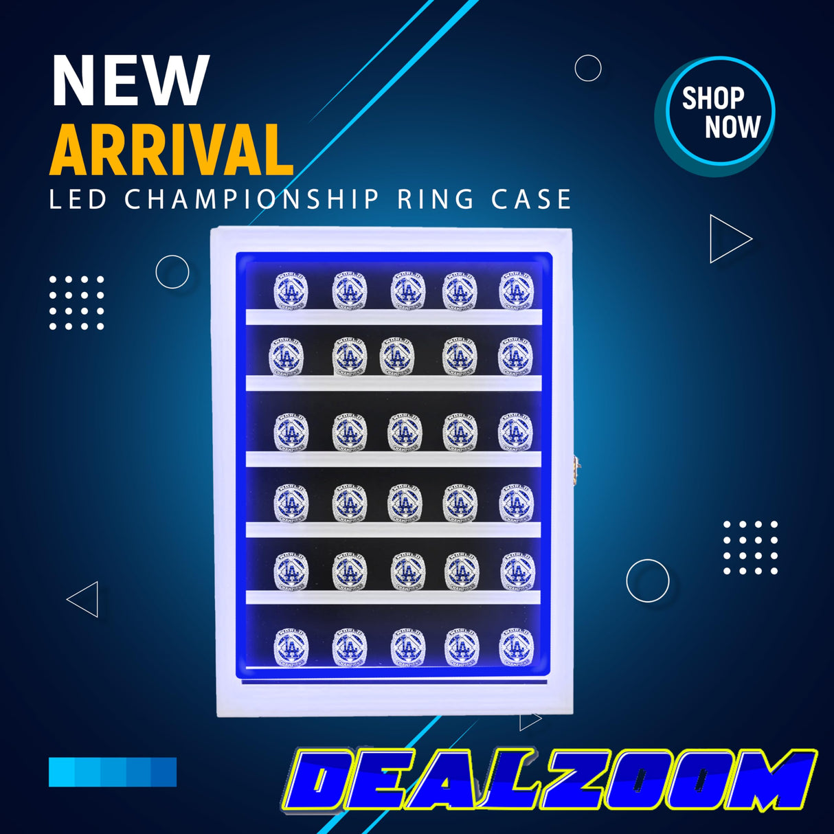 DEALZOOM Championship Ring Display Case RGB LED - 30 Ring Large Baseball Ring Display Cases – Wall Display Case Ring Storage, Baseball Ring Holder Display, Holds Basketball Football Rings (White)