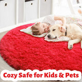 Red Round Rug 4Ft for Bedroom, Fluffy Shag Circle Area Rugs for Kids Room Decor Aesthetic, Fuzzy Plush Fur Carpets for Living Room Nursery Dorm Classroom, Red Carpet, Christmas Rugs for Teen Boys