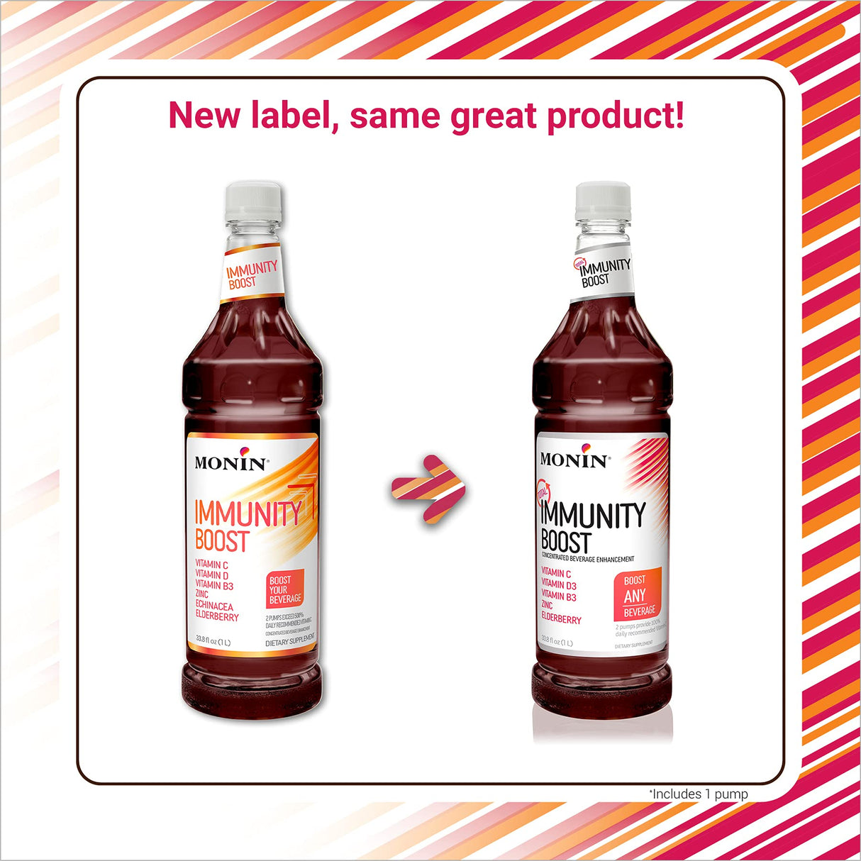 Monin - Total Immunity Boost, Immune Support Supplement, Liquid Blend of Vitamins, Minerals, & Antioxidants, Immune Boosting Vitamin C & D + Elderberry, For All Beverages, Low Calorie (1 Liter + Pump)