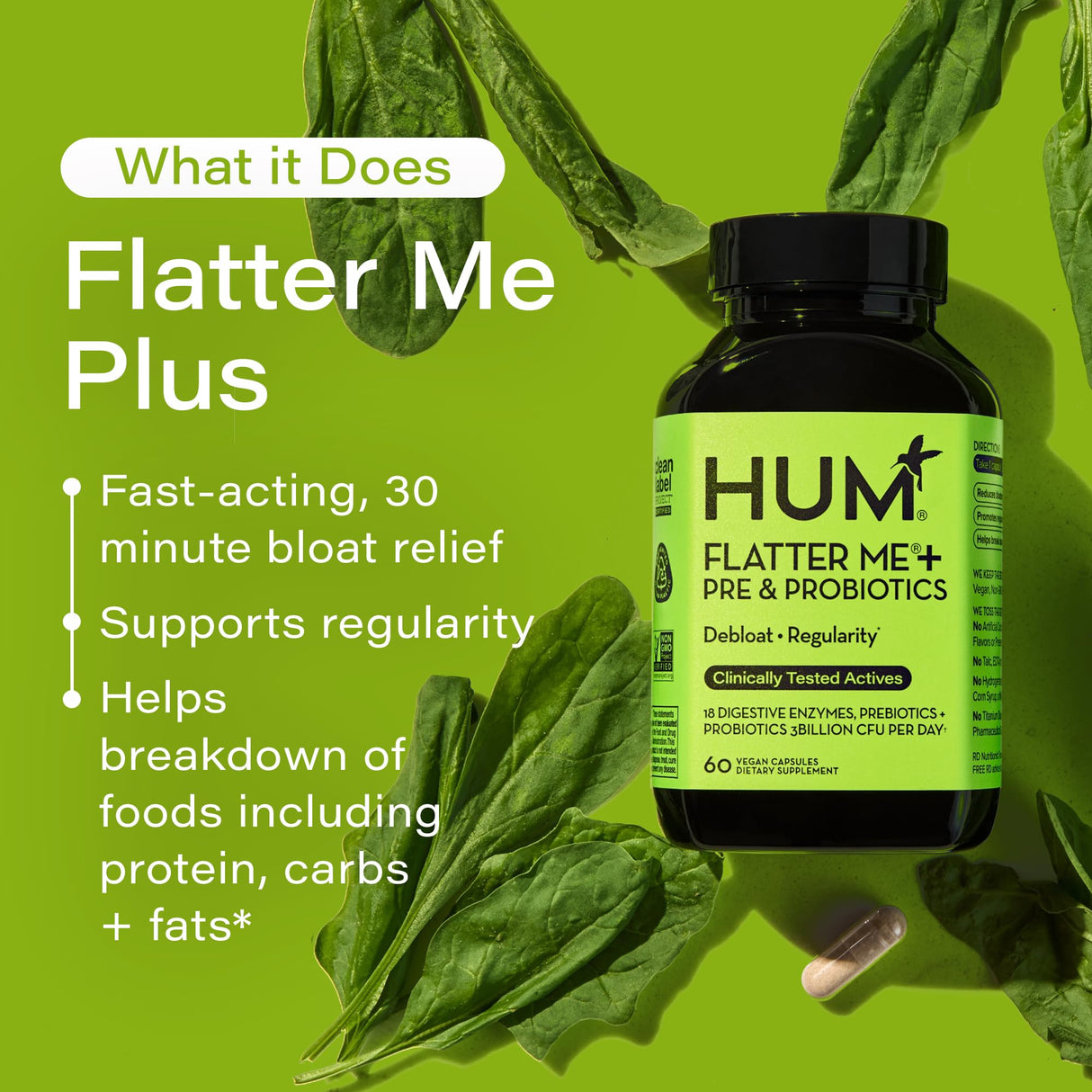 HUM Flatter Me Digestive Enzymes with Probiotics & Prebiotics - Fast-Acting Bloat Relief, Digestive Health and Regularity, Vegan Formula 60 Servings