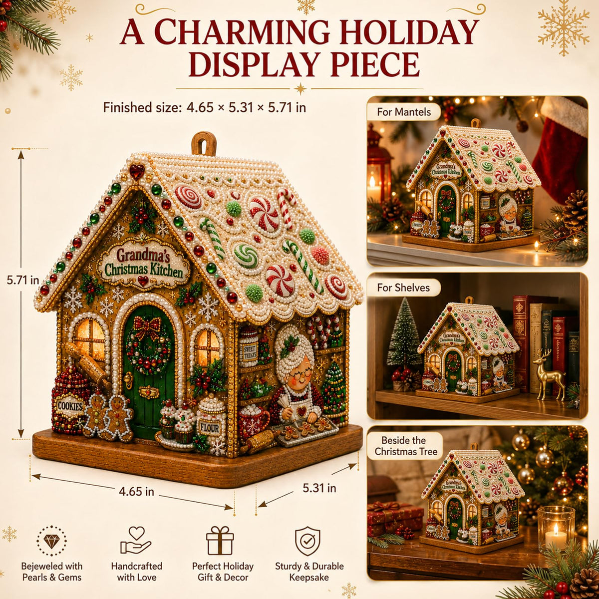 3D Christmas House Diamond Painting Kit for Adults, Wooden Pearl Art Craft