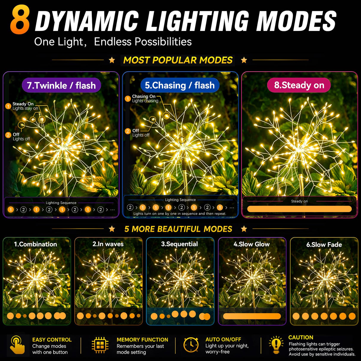 suddus Solar Garden Lights Outdoor Waterproof Decorative, 2Pack 150LED Firework Lights, Solar Fairy Lights for Yard, Garden, Party, Patio, Pathway, Flowerbed - Warm White