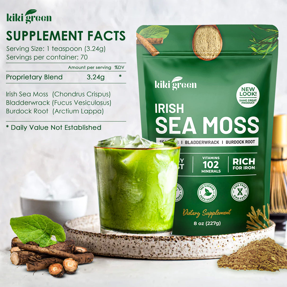 KIKI Green Irish Sea Moss Powder 8 Oz - with Bladderwrack Burdock Root Extract for Immune Support - Keto, Vegan Supplement