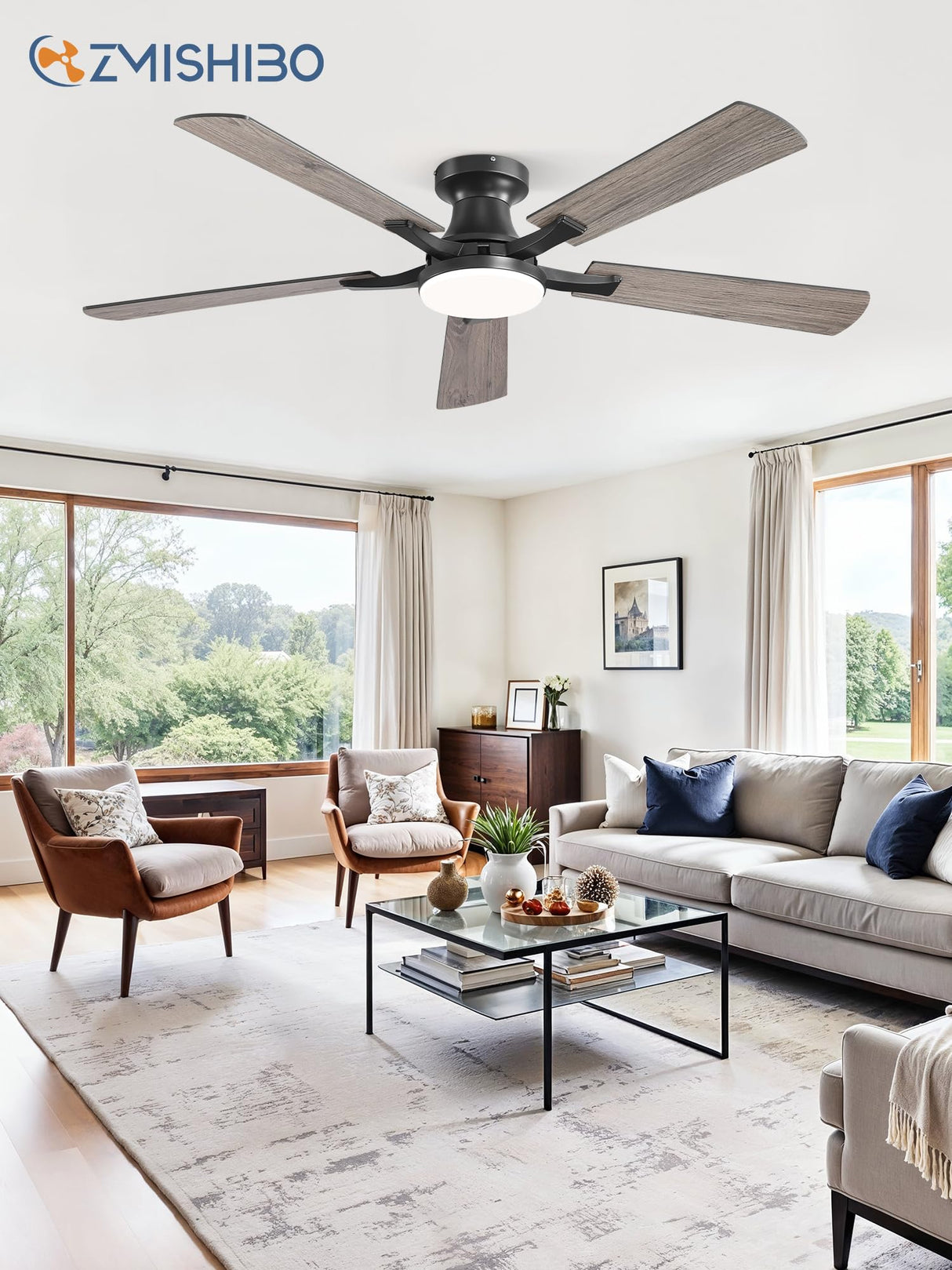 ZMISHIBO 52 Inch Ceiling Fan with Light, App&Remote Control, Flush Mount Low Profile, Dimmable 20W LED Light, Quiet Reversible Motor for Bedroom, Living Room, Apartment, Black