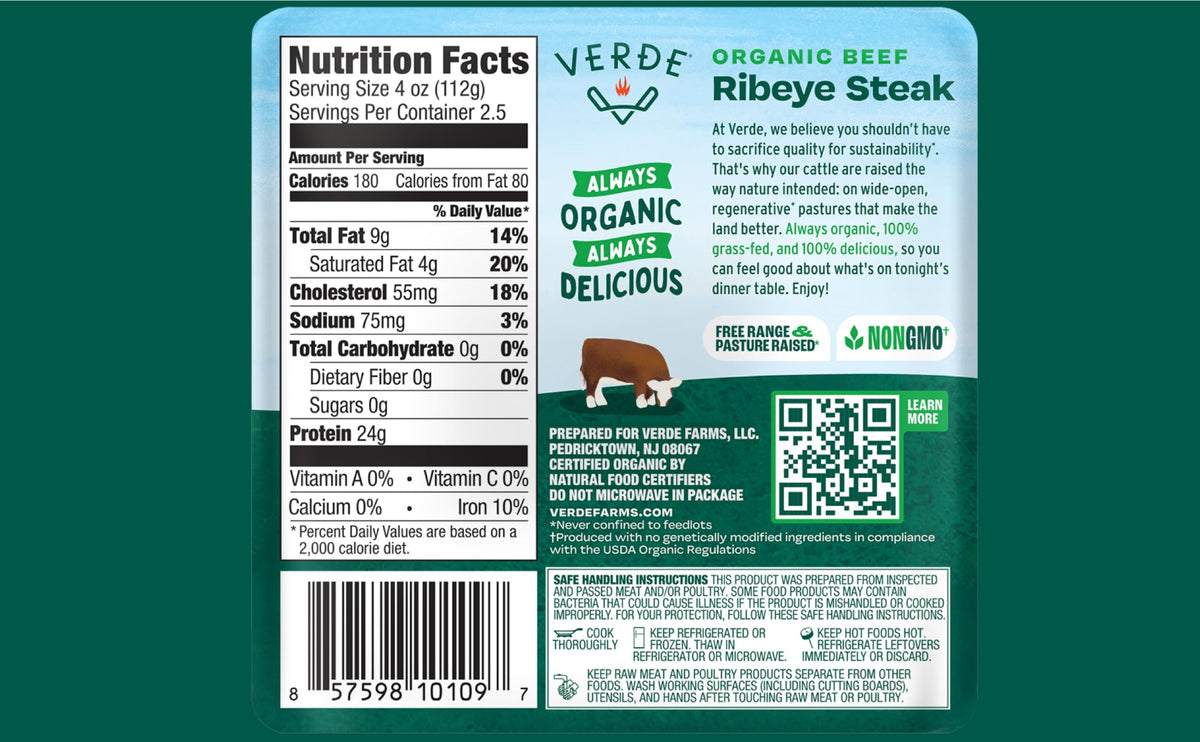 Verde Farms, Beef Ribeye Steak, Organic, Grass-Fed | 0.625 lbs.