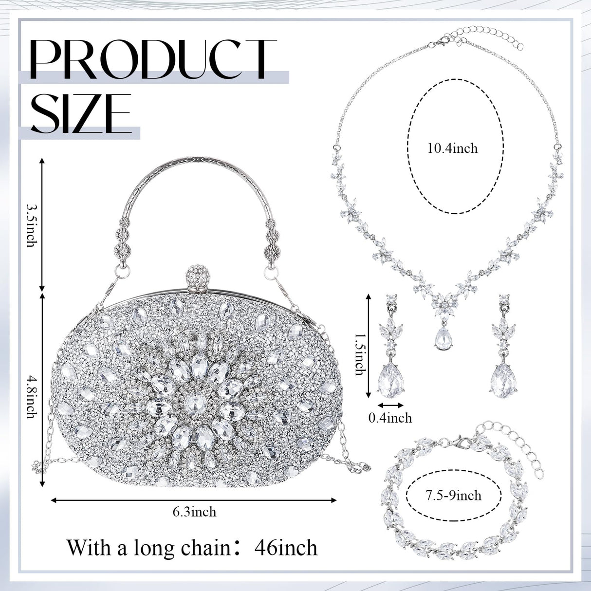 Quelay 4 Pcs Purse Rhinestone Jewelry Set for Wedding Bridal Women Evening Clutch Bag Necklace Dangle Earrings Bracelets(Silver,Stylish Style)