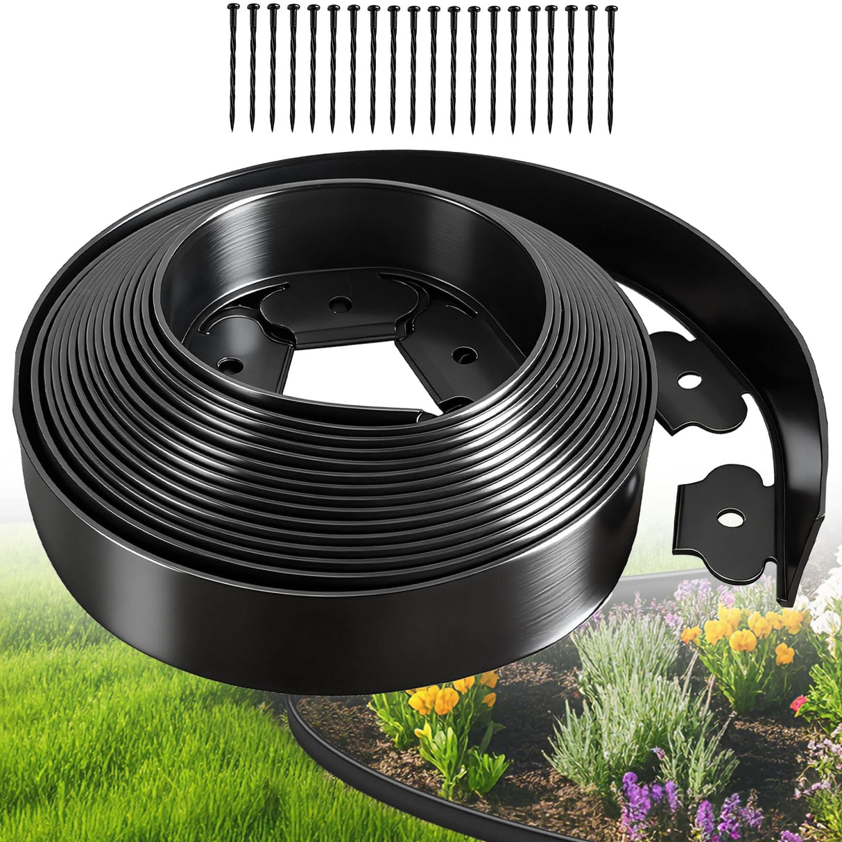 Landscape Edging, Garden Edging Border No Dig 2" Tall x 20'with 20 Stakes, Plastic Edging for Landscaping Border - Easy Install & Cut, Flexible for Flower Beds, Lawn, Yard, Paver