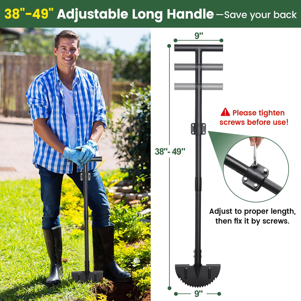 Edger Lawn Tool, Sharp Saw-Tooth Half Moon Hand Lawn Edging Tool for Landscaping, 49" Adjustable Long Handle Manual Edgers with T-Grip for Sidewalk Flower Bed Yard Garden Border Cable Burying