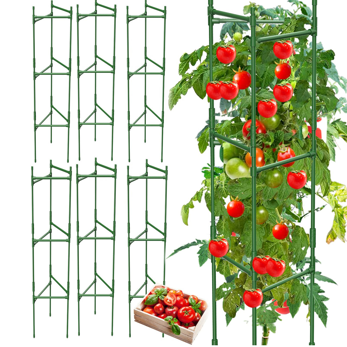 MQHUAYU 6 Pack Tomato Cage,Tomato Cage for Raised Garden Bed, 48'' Tall Tomato TrellisTriangle or Square Cages for Garden,Pots, Plant Cages & Supports（Green, Extra Bold ）