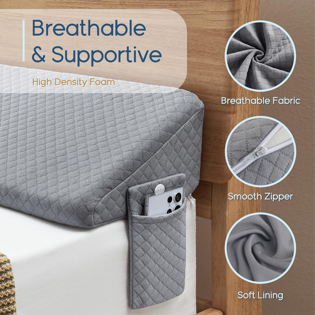 King Size（76"x10"x6"） Bed Wedge Pillow for Headboard - Upgraded Bed Gap Filler King Between Mattress and Headboard - Wedge headboard Pillow - Grey