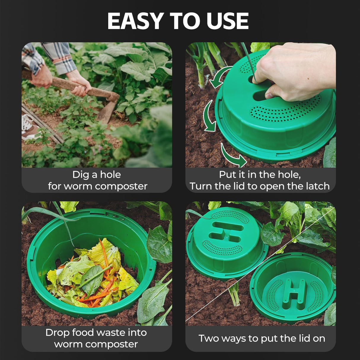 TOP XIAN 2-Pack Inground Worm Composter, Outdoor Worm Compost Bin for Garden Beds & Home Use, Vermicomposting Bin for Beginners (9.5x9.5x10.8Inch), Green