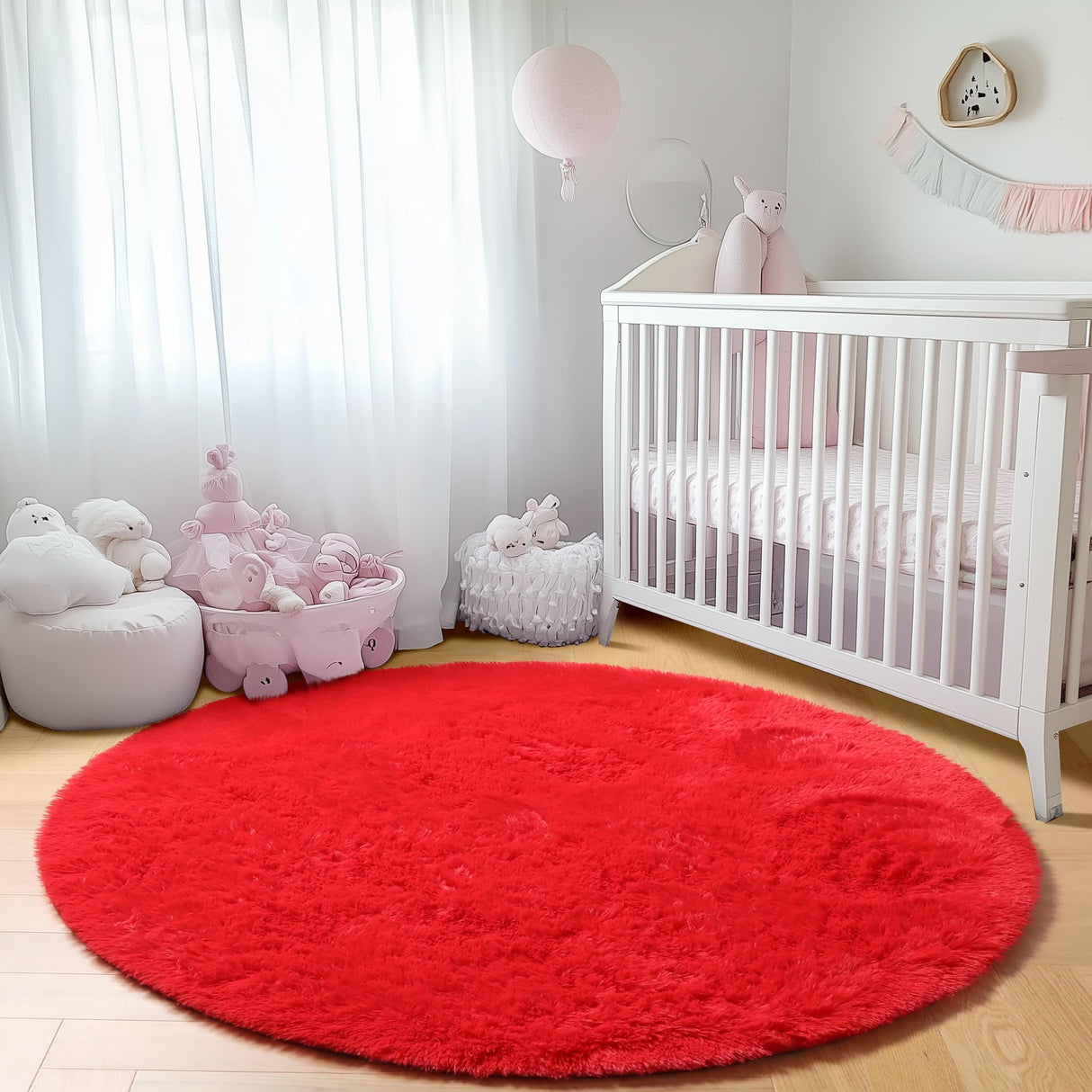 ONASAR Red Round Area Rug 4x4, Soft Bedroom Circle Rugs Floor Mat for Kids Girls Teen Room, Kawaii Fluffy Plush Shaggy Carpet for Nursery Living Room Playroom Christmas Home Decor Princess Castle