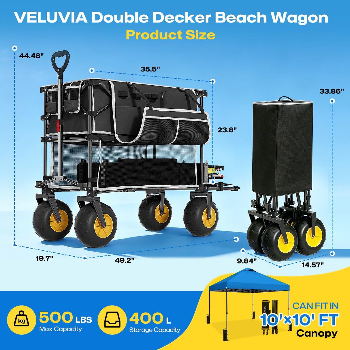 VELUVIA 400L Double Decker Beach Wagon with Big Balloon Wheels for Sand