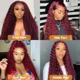 Kivolin 99j Burgundy Lace Front Wigs Human Hair 28 Inch Deep Wave Lace Front Wigs Human Hair Pre Plucked Red Curly Human Hair Wig 13x4 HD Colored Frontal Glueless Wet and Wavy Loose Deep Wave