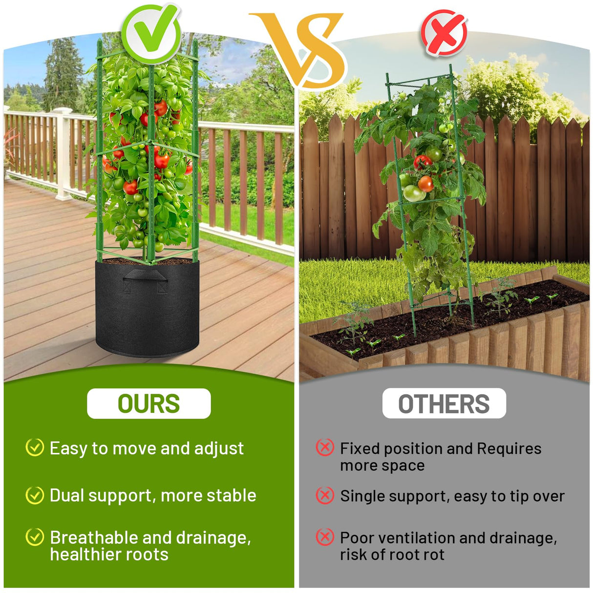 Legigo 2 Pack Tomato Cages with 10 Gallon Grow Bags- 48inch Tomato Trellis Plant Support Stakes Planter, Tomato Plant Cages Garden Trellis for Vertical Climbing Plants Vegetables Flowers Fruits