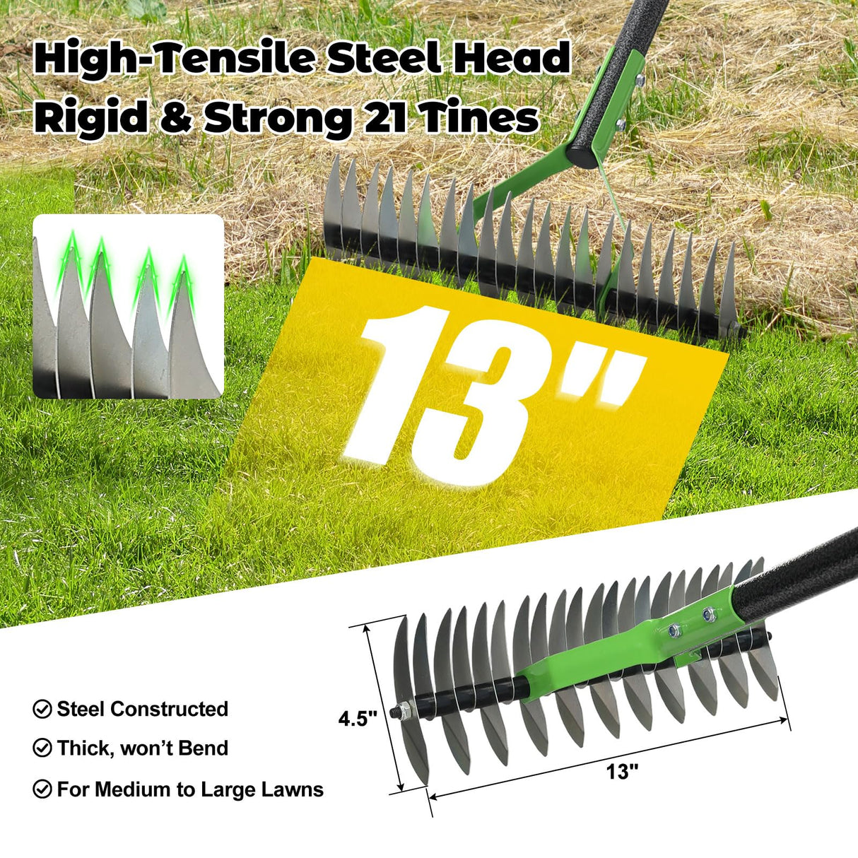 Thatch Rake, 51" Lawn Thatching Rake for Cleaning Dead Grass, 13 Inch Wide Heavy Duty 21 Teeth Steel Metal Rakes, Landscaping Raking Garden Tools for Lawn Care Loosening Leveling Soil Mulch