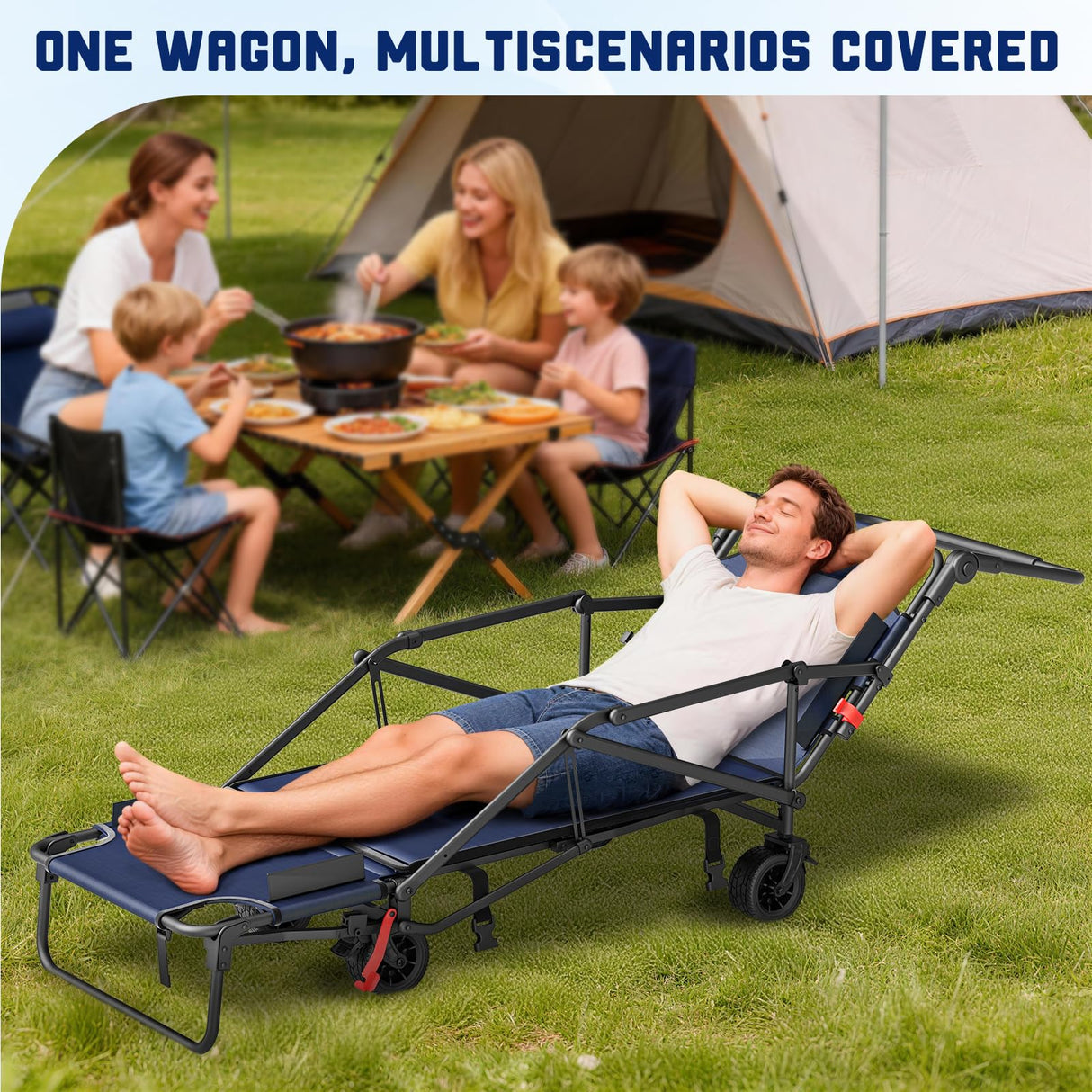LEVELEVE Heavy Duty Folding Wagon - 2-in-1 Collapsible Cart, All-Terrain Wheels w/Brakes & Side Pockets (Blue,650lb Capacity)