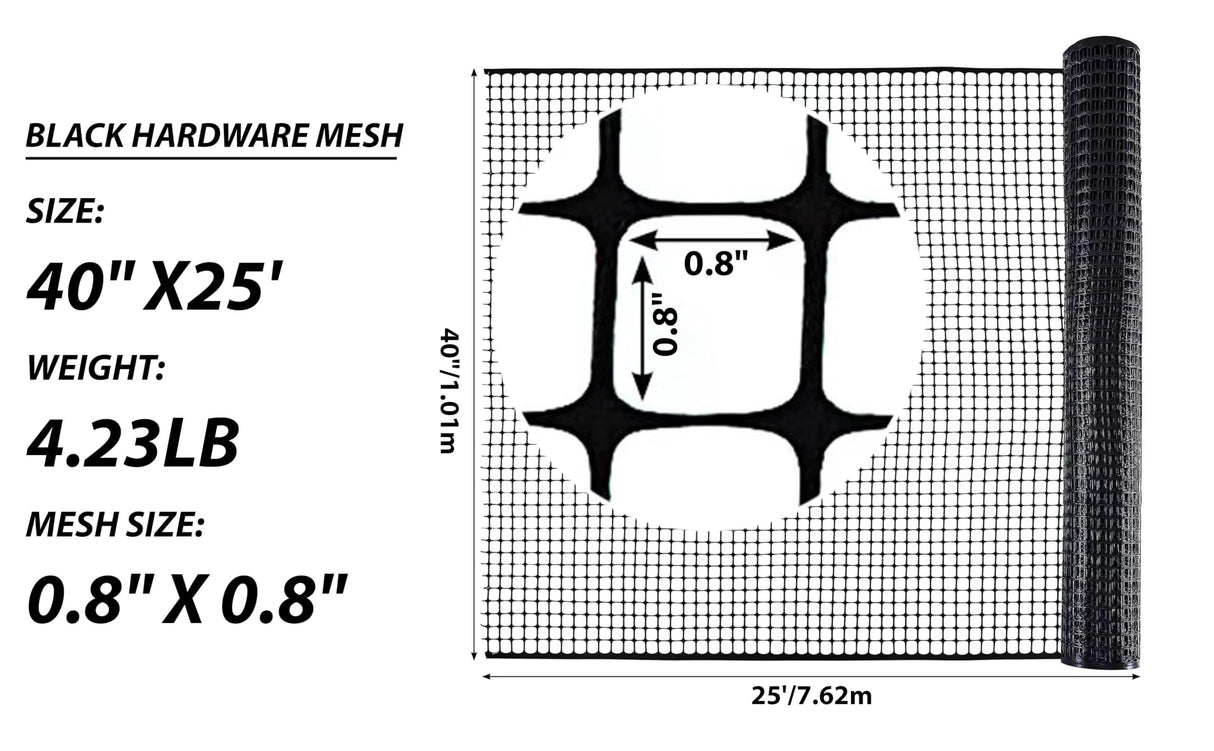 PotatoLife Black Plastic Garden Fence, Hardware Mesh, 40'' x 25'