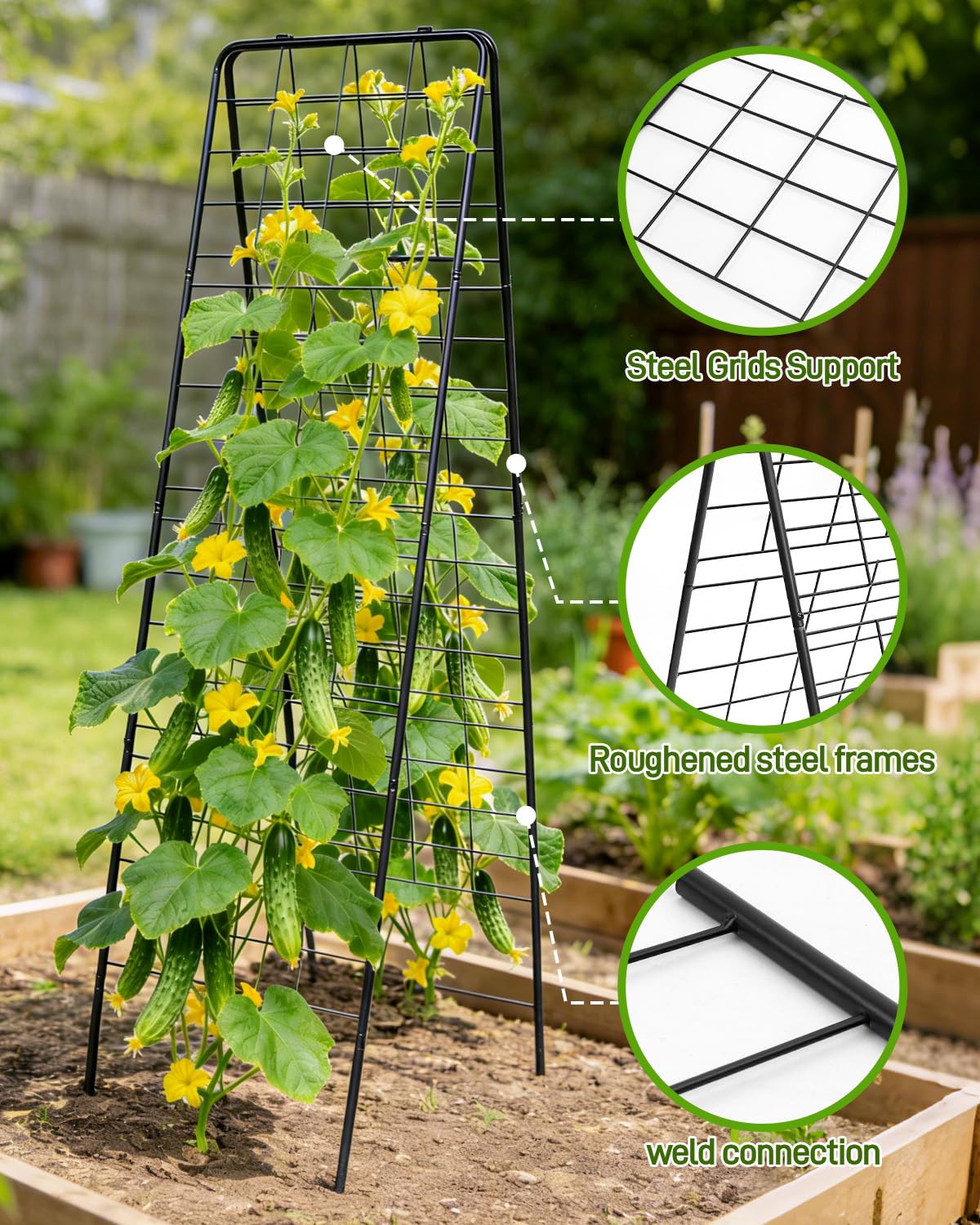 60"x16.2" Heavy Duty Steel A-Frame Garden Trellis for Climbing Plants – Rust-Proof Metal Trellis with Hardware Cloth, Perfect for Raised Beds,Cucumbers,Tomatoes & Outdoor Vines (Black)