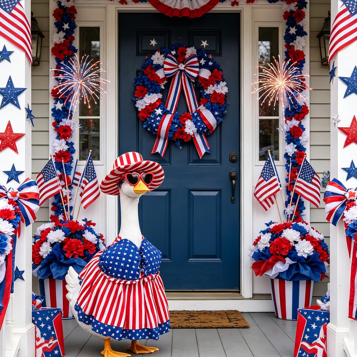Aposwow 4th of July Porch Goose Outfit, USA Patriotic Goose Costume with Swimsuit Hat Sunglasses Lawn Art, 250th Anniversary Outfits for 23" Garden Geese Statue Garden Decoration