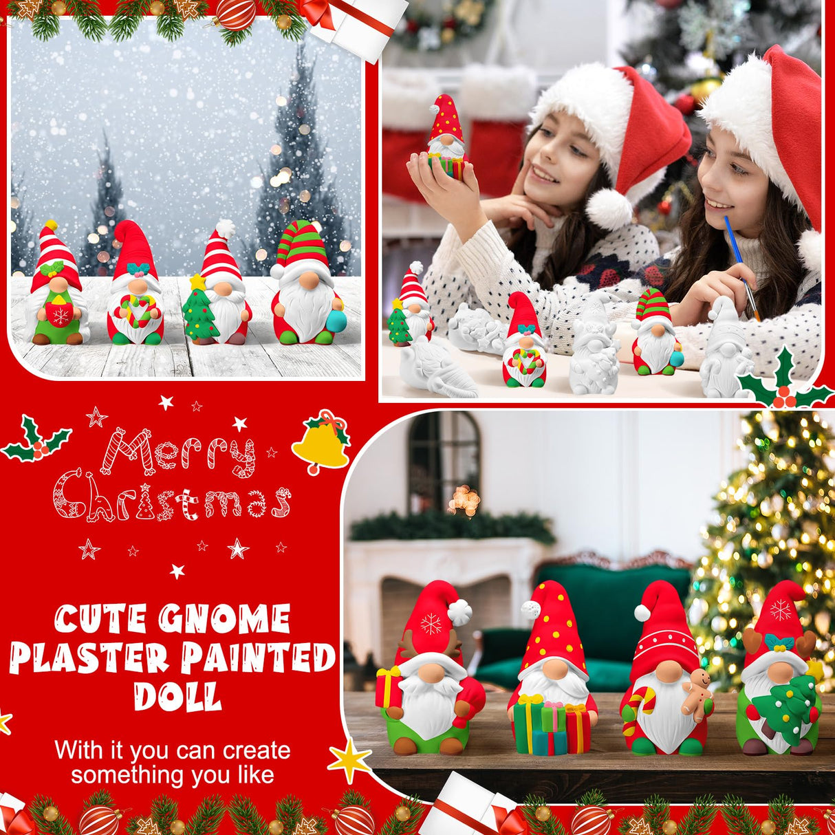 PullCrease 8 Pcs Christmas Ceramics Gnome to Paint Ready to Painting Your Own Gnome Statues DIY Unpainted Ceramics Paintable Figurines Kit Crafts with Brush Palette for Boys Girls