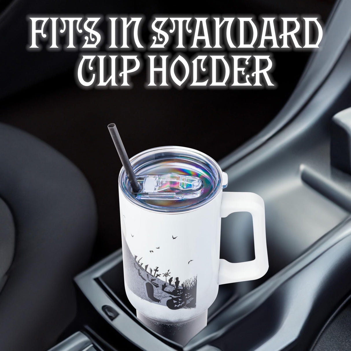 Silver Buffalo Disney Nightmare Before Christmas by Tim Burton Jack Skellington Hill and Moon Stainless Steel Tumbler with Handle and Straw, Fits in Standard Cup Holder, 40 Ounces