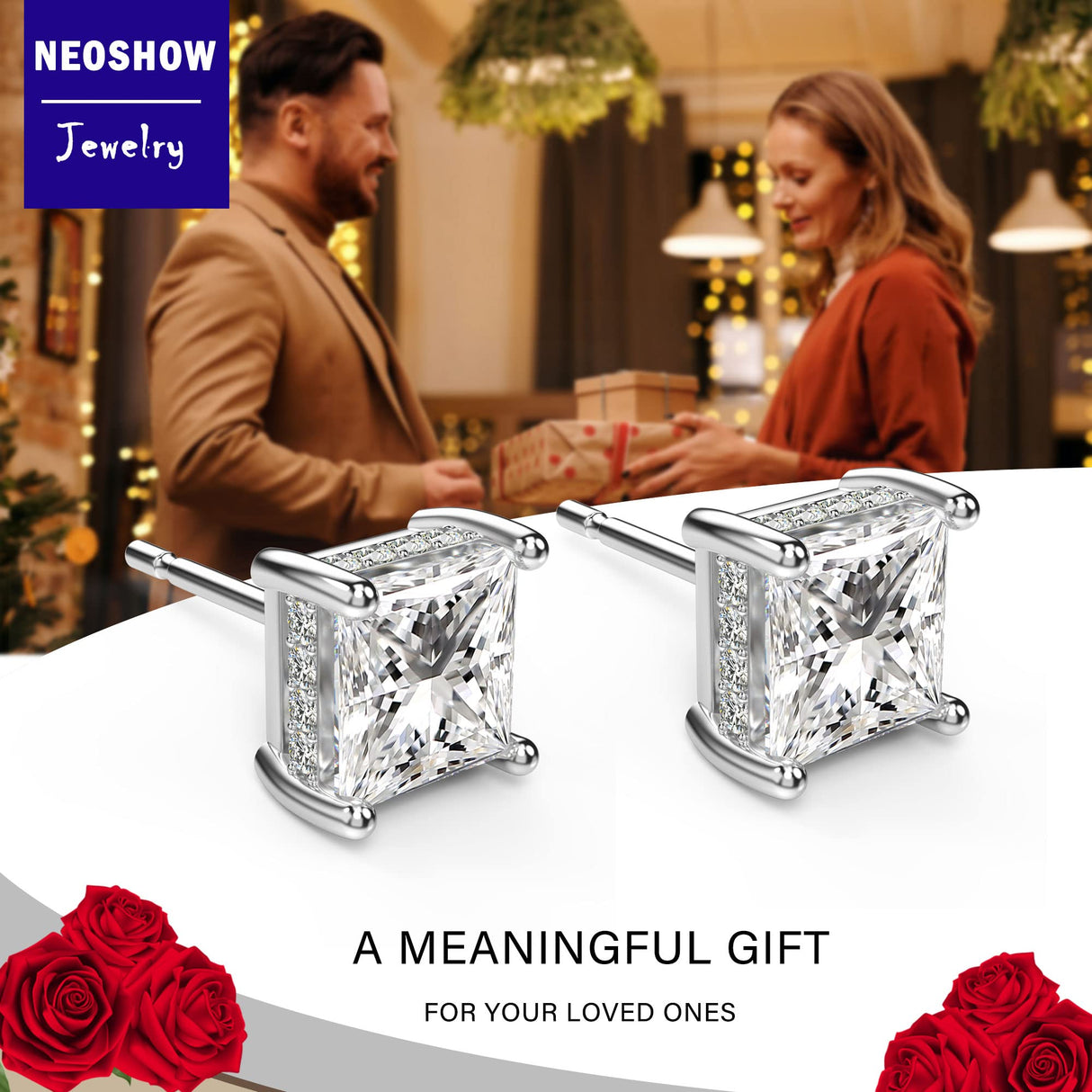 Princess Cut Cubic Zirconia Stud Earrings for Men Women (6MM, White Gold)