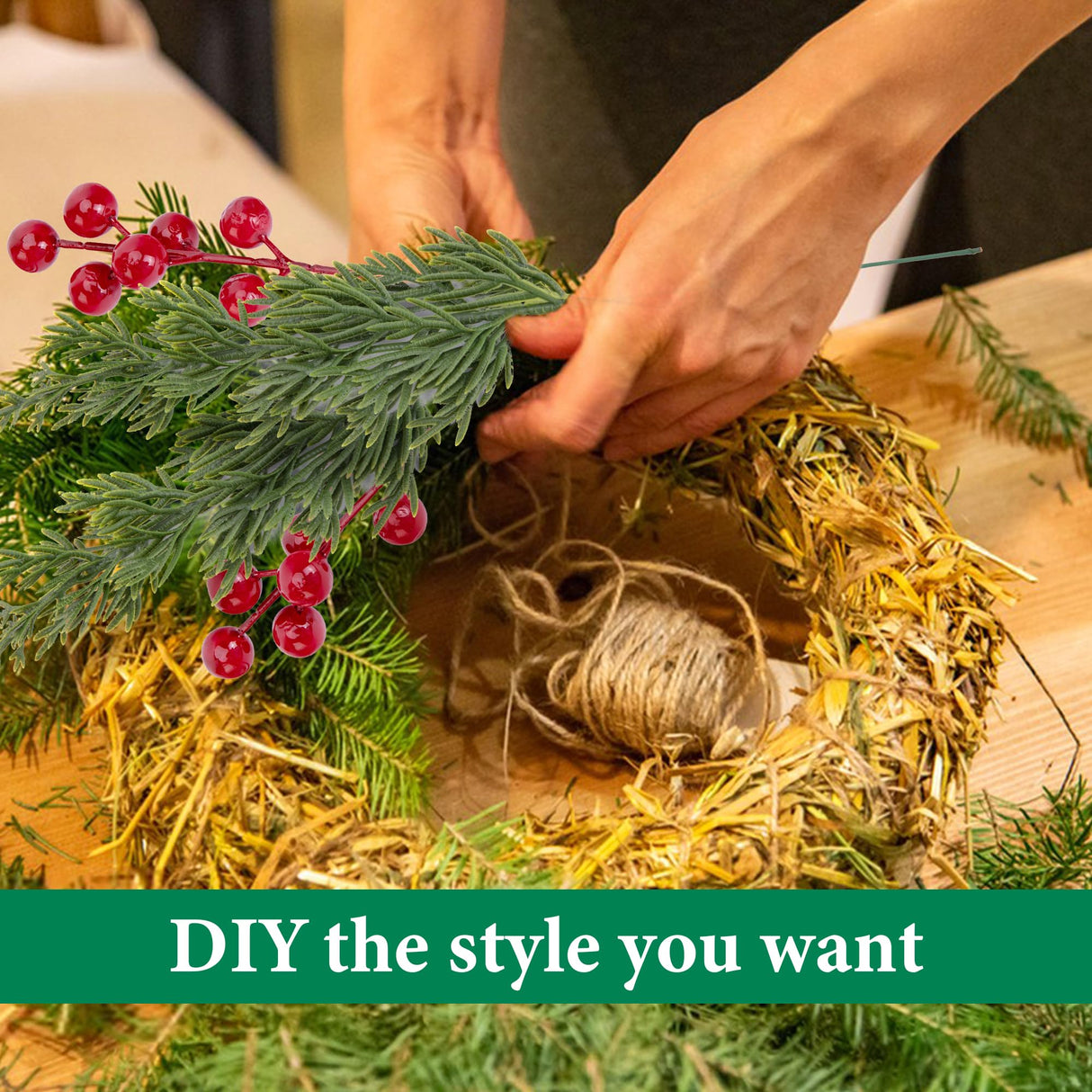 Watayo 60 Pcs Christmas Artificial Pine Branches with Red Berry Stems, 10.5" Faux Evergreen Norfolk Pine Cypress Leaves Stems, Fake Foliage Pine Needles Picks for DIY Craft Garland Home Decor