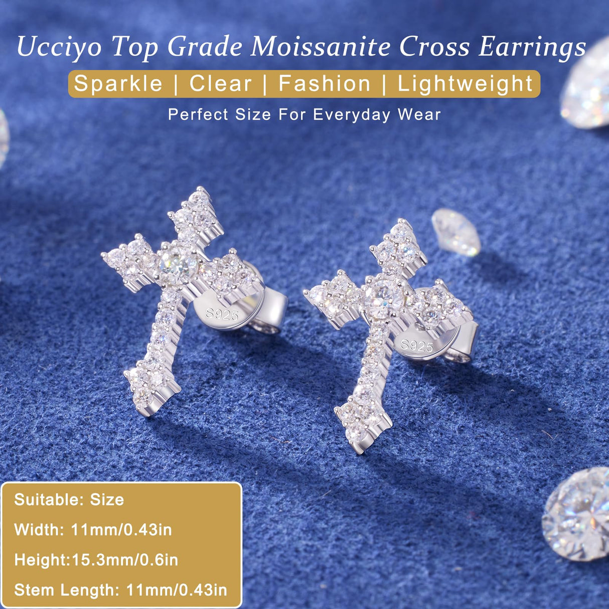 Moissanite Cross Earrings for Men Women, 0.5 Carats 18k Gold Plated Sterling Silver Cross Stud Eearrings D Color VVSI Moissanite Stud Earrings Crucifix Jewelry (Silver)