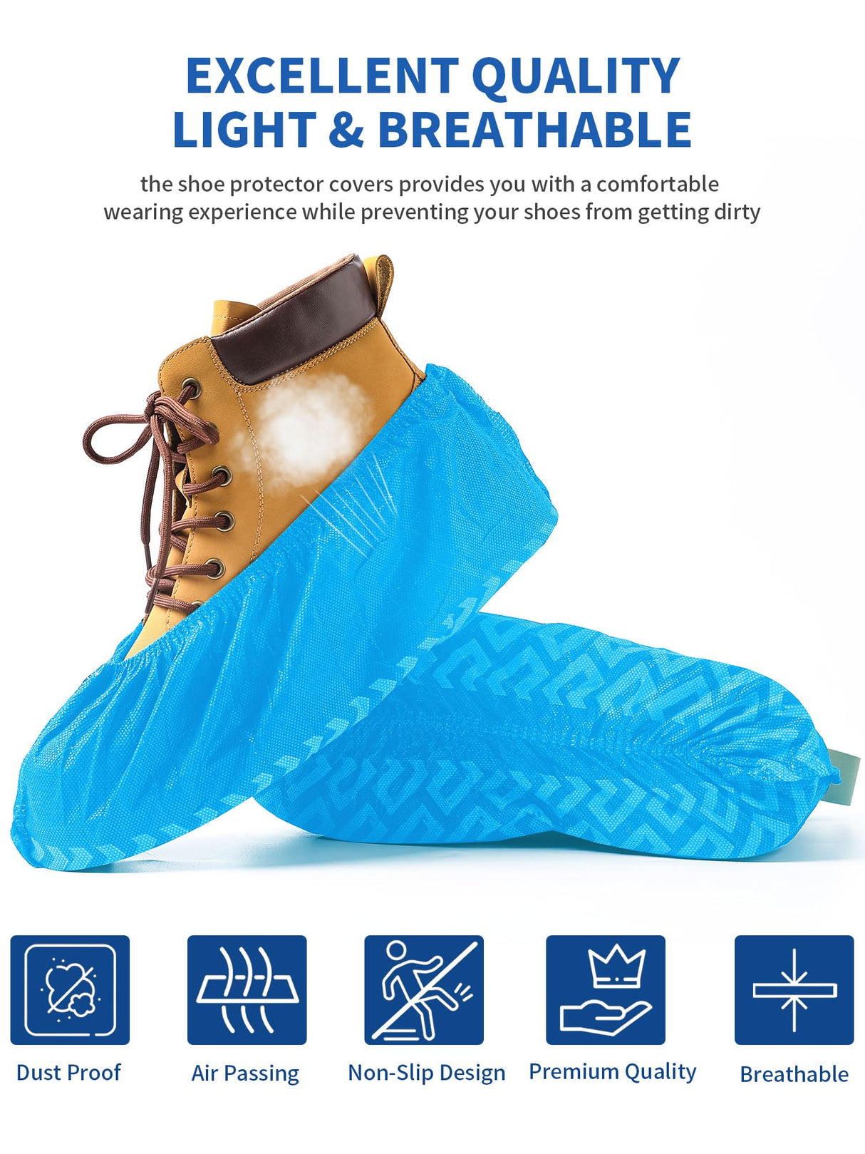 WENTONG X-Large 50 Pack Shoe Covers Disposable Non-Slip, Black Non-Woven Fabric Boot Covers for Indoors Breathable Slip Resistant Durable Boot, Stretchable Fits Up to Size 13 US Men (Blue, 200 Pack)