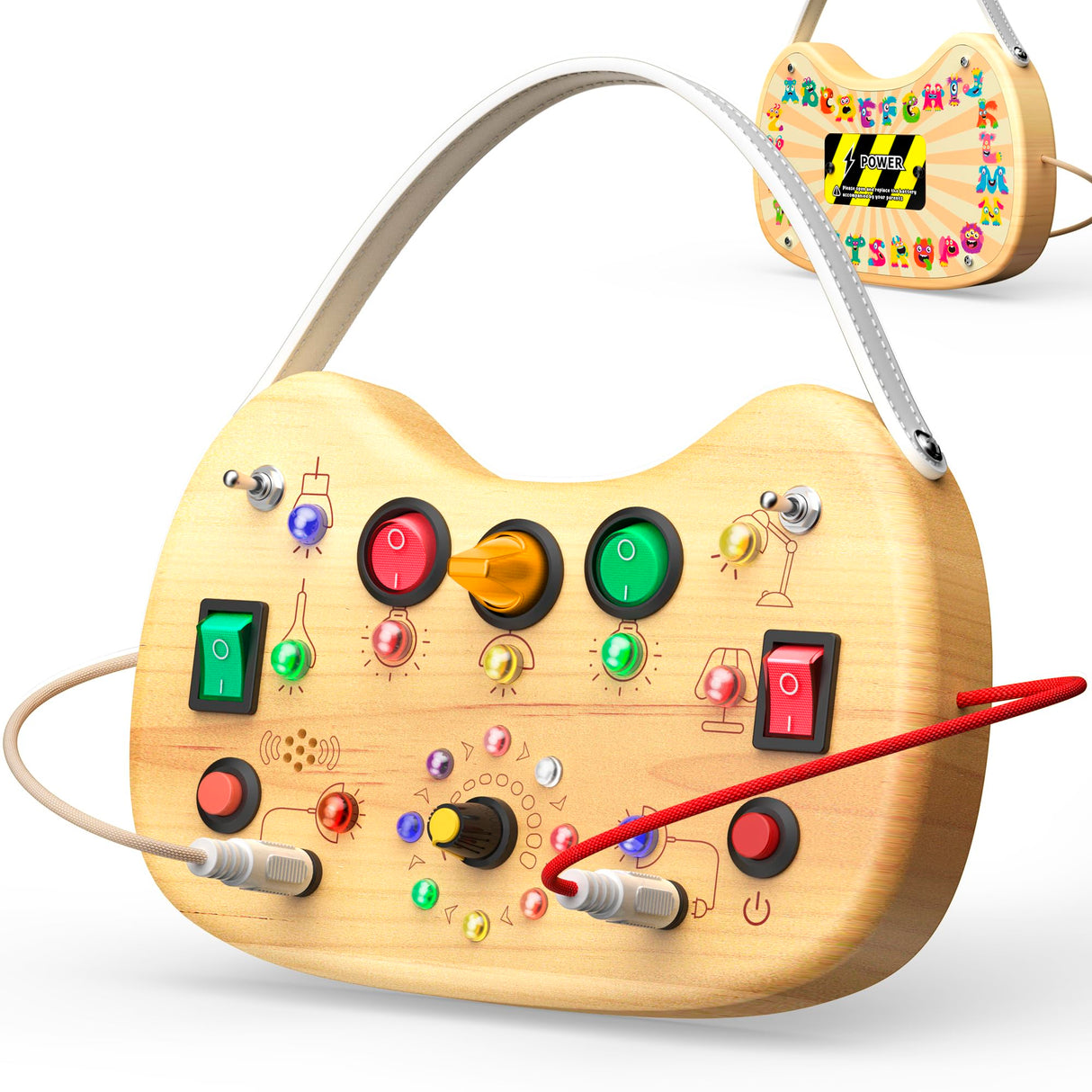 UdoUto Montessori Wooden Busy Board for Toddlers with LED Light Lights & Switches,Portable Activity Board for Car & Airplane Travel Toys, Christmas & Birthday Gift for 1-3 Year Old Boys & Girls