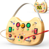 UdoUto Montessori Wooden Busy Board for Toddlers with LED Light Lights & Switches,Portable Activity Board for Car & Airplane Travel Toys, Christmas & Birthday Gift for 1-3 Year Old Boys & Girls