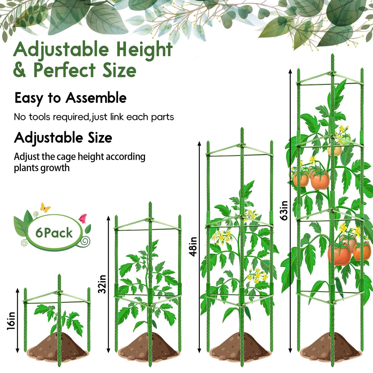 Riare 6 Pack 5.2 FT Tomato Cages for Garden, Heavy Duty Tomato Trellis