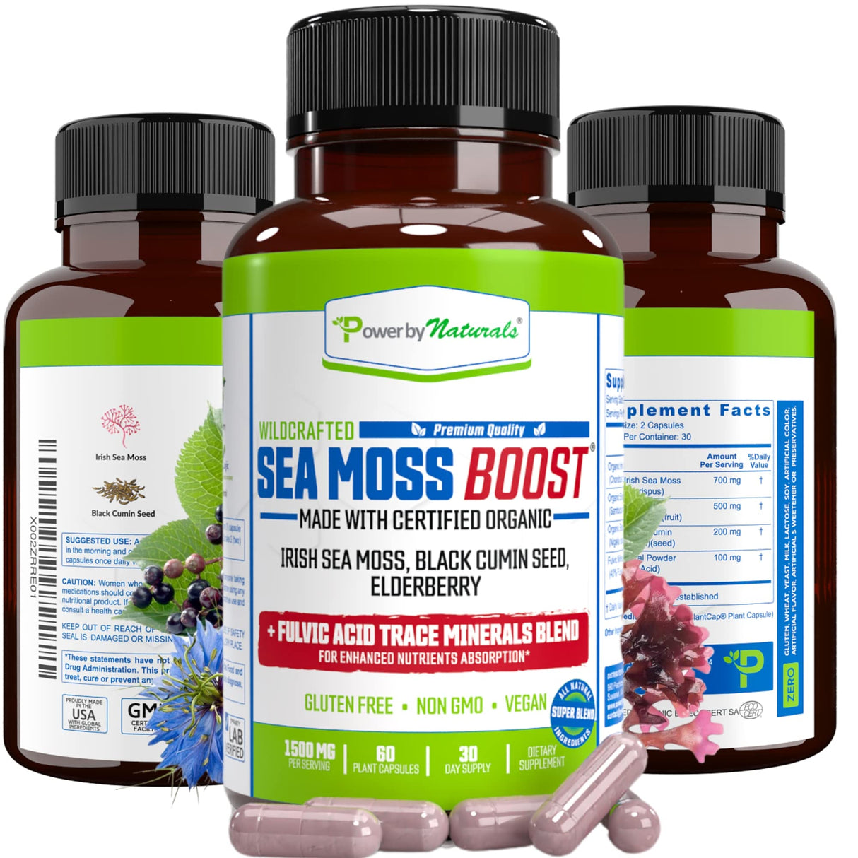 Power By Naturals Sea Moss Advanced with Black Seed Oil & Elderberry Capsules - Certified Organic Irish Sea Moss Capsules for Energy, Gut & Immune Support - Sea Moss Pills with (60+ Minerals) 60 Pills