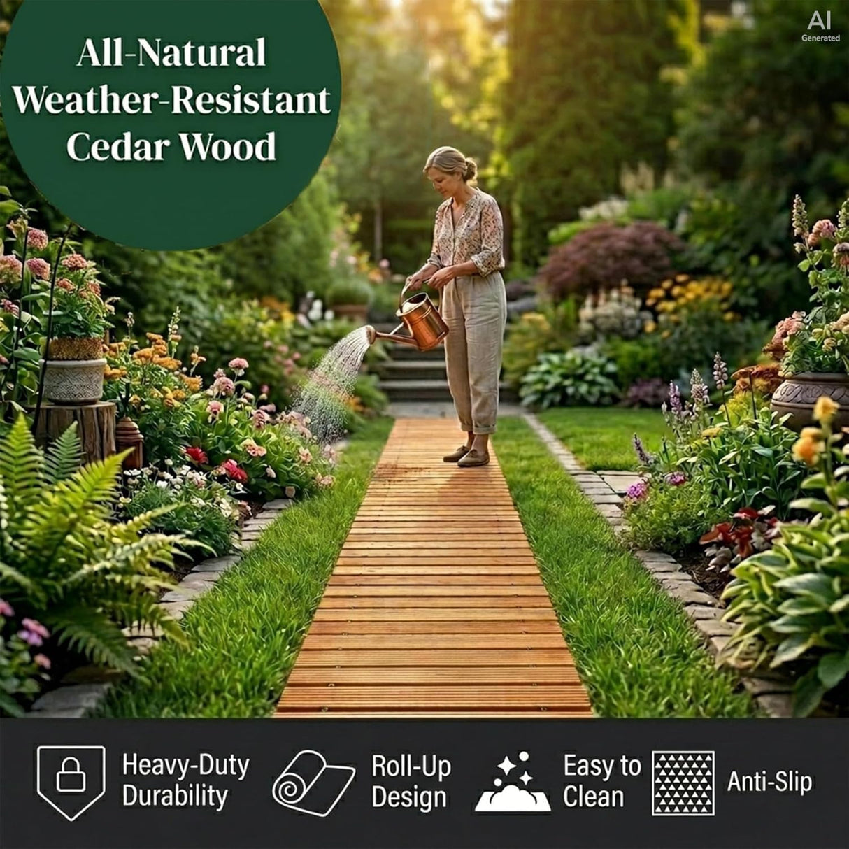 Plow & Hearth 8' Straight Outdoor Wooden Pathway | 18" Wide Rollout Outdoor Garden Walkway | Weather-Resistant Hardwood Cedar Board Walkway Landscape Edging | Decorative Lawn Patio Wedding Party