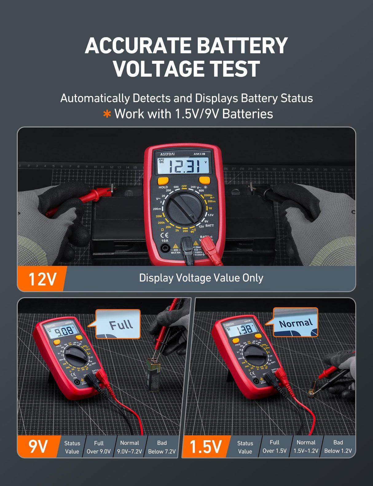 AstroAI Digital Multimeter Tester 2000 Counts with DC AC Voltmeter and Ohm Volt Amp Meter; Measures Voltage, Current, Resistance, Continuity and Diode, Black