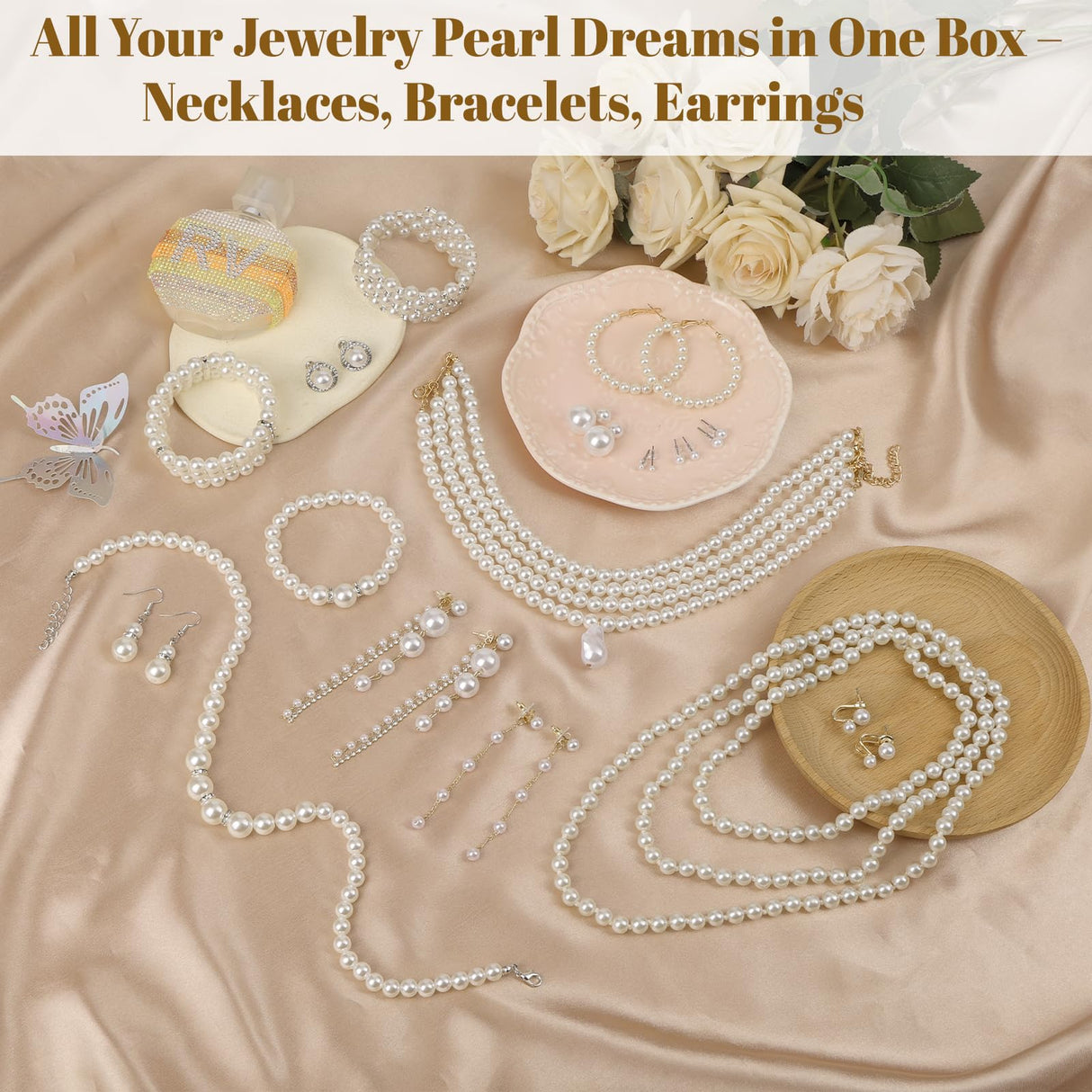 Jupwalz 16 Pcs Pearl Jewelry Set with Necklace, Earrings and Bracelets, Pearl Necklaces for Women, Faux Pearls Set Jewelry for Wedding Bridal Christmas Party