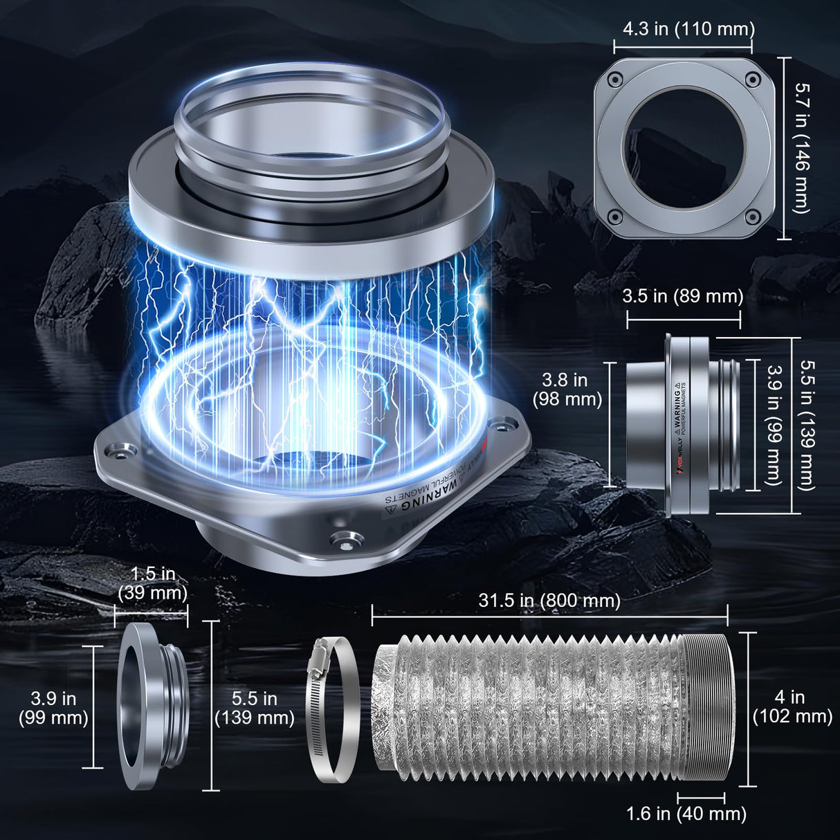 VOXWELLY Magnetic Dryer Vent Coupling Easy to Clean Quick Connector Airtight Seal Dryer Vent Connector Kit Including a 2.6ft 4" Duct and two Clamps, DV180