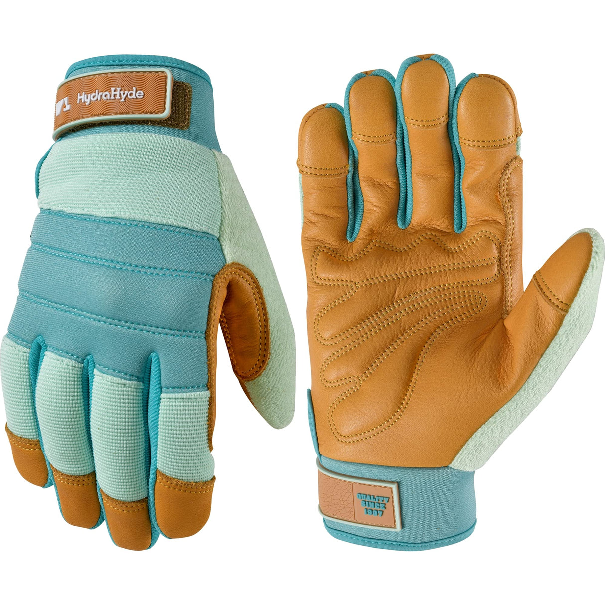 Wells Lamont Women's HydraHyde Leather Hybrid Gloves – Water-Resistant, Durable Cowhide Palm, Spandex Stretch Back – Ideal Landscaping/Farming/Gardening Gloves – Adjustable Wrist – Large, Blue (3250L)