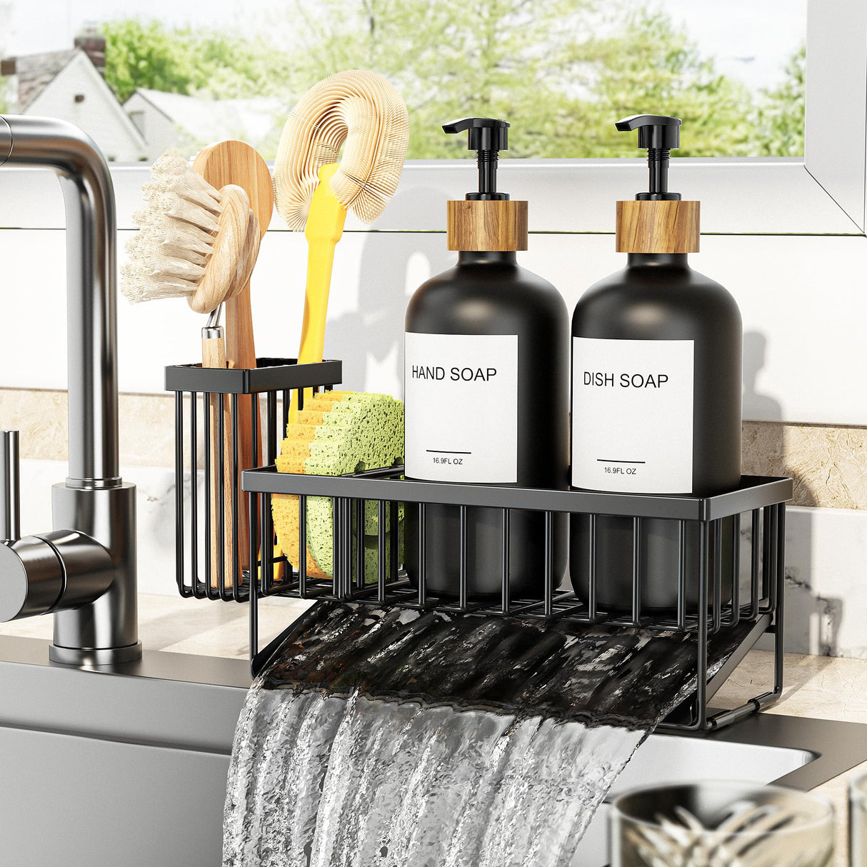 Cisily Kitchen Dish Soap Dispenser Set with 2 Pack 16.9oz Black Glass Bottle and Sponge Holder, Dish Soap Dispensers with Adjustable Sponge Holder, Vintage Hand and Dish Soap Dispensers Set
