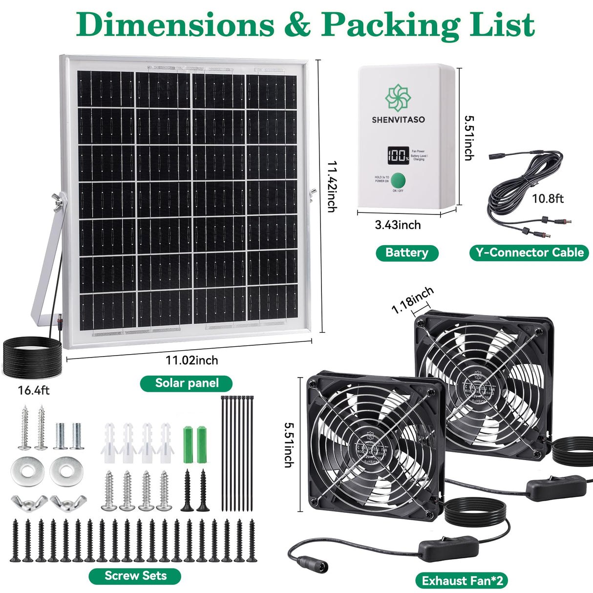 SHENVITASO Solar Powered Exhaust Fan with Battery, 25W Solar Panel Dual 5.5 Inch Fans, 450 CFM IPX7 Waterproof Solar Ventilation Fan Kit for Chicken Coop, Greenhouse, Shed, Garage, Dog House