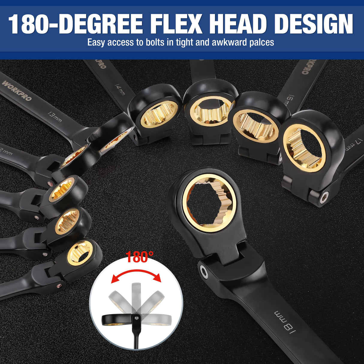 WORKPRO 22-piece Ratcheting Wrench Set with 180° Flex Head, Anti-Slip Tooth, Combination Wrench Sets with Organizer Box, Metric 6-18mm & SAE 1/4-3/4", Black Electrophoretic Coating