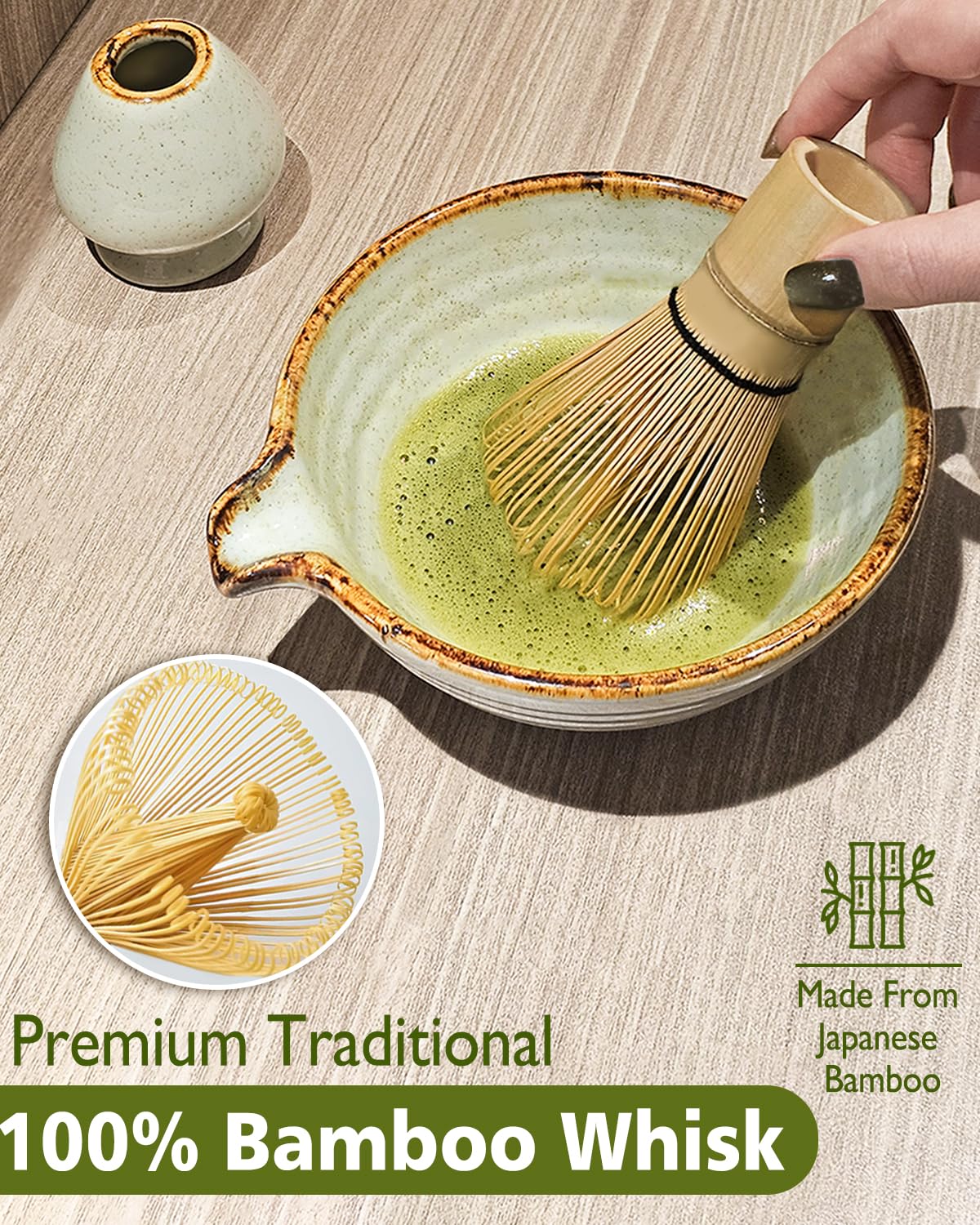 Vaiheng Matcha Whisk Set with Matcha Bowl, Matcha Whisk Holder Matcha Bamboo Whisk, Scoop, Sifter, Unique Gifts for Women Men Girl Friend Home Kitchen Decor Gifts for Tea Enthusiasts Christmas