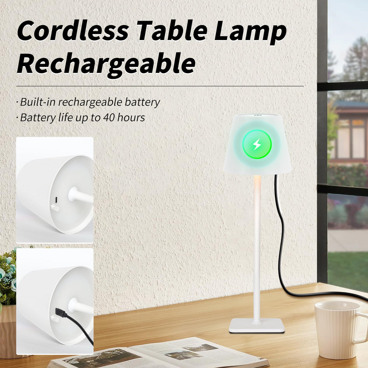 Mr. White Outdoor Waterproof Cordless Set of 2 Rechargeable Portable Top Touch Battery Operated Powered LED Table Lamp Desk Lamp Lights for Restaurant Kitchen Patio Dinner Dining (White 2 Pack)