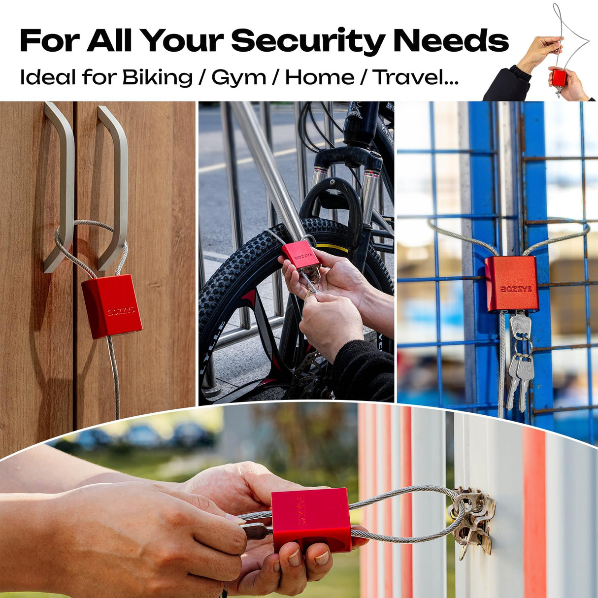 BOZZYS Cable Lock with 3 Keys | L 3.28ft(1m),D 1/6in(4mm) Adjustable Steel Cable Padlock | Aluminum Locks for Bikes, Gate, Lockers & Outdoor Gear | Weatherproof& Silver